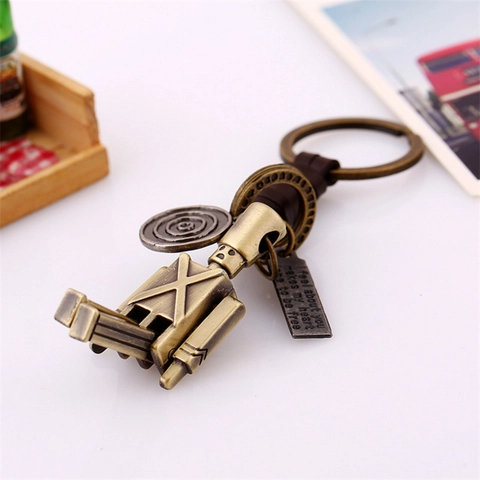 Vintage Robot Echt Lederen Sleutelhanger Handgeweven Antiek Bronzen Legering Mechanische Robot Hanger Sleutelring Voor Rugzak Auto
