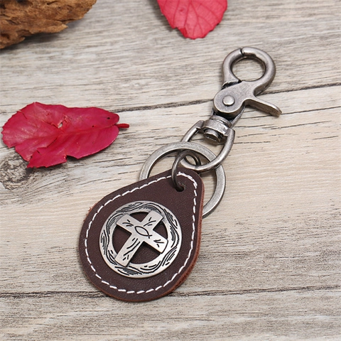 Vintage Rundleer Kruis Sleutelhanger Voor Heren Punk Stijl Legering Religieuze Jezus Vis Hanger Sleutelhanger Cadeau
