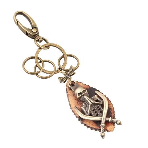 Portachiavi in Vera Pelle con Teschio Retro Punk Uomo Bronzo Metallo Scheletro Spade Incrociate Gothic Biker Portachiavi