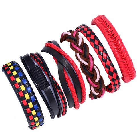 Vintage Leder Gewebt Armband Armbänder Set Für Herren Damen Handgefertigt Punk Boho Stil Verstellbar Geometrisch Schmuck