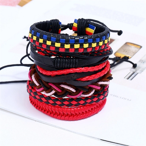 Vintage Leder Gewebt Armband Armbänder Set Für Herren Damen Handgefertigt Punk Boho Stil Verstellbar Geometrisch Schmuck