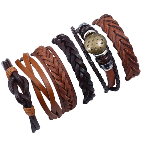 Bracciale in Pelle Bovina Intrecciata Retrò da Uomo Design Multistrato Regolabile con Ciondolo in Metallo Gioiello Accessorio Quotidiano