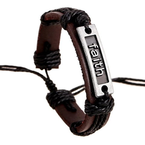 Pulsera de Cuero Genuino Tejida Vintage Para Hombres Mujeres Placa de Aleación Letra Faith Pulsera Cordón Trenzado Ajustable Joyería