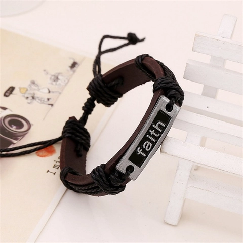 Pulsera de Cuero Genuino Tejida Vintage Para Hombres Mujeres Placa de Aleación Letra Faith Pulsera Cordón Trenzado Ajustable Joyería