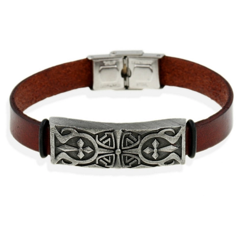 Vintage Heren Rundlederen Armband Roestvrijstalen Sluiting Antiek Zilver Legering Kruis Totem Decoratieve Retro Armband