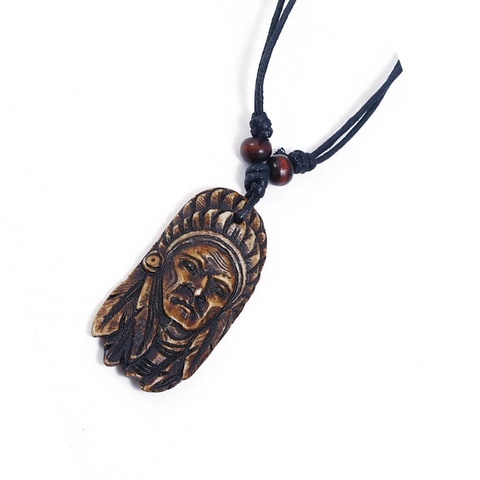 Vintage Ethnic Indian Chief Pendant Necklace Resin Carved Head Wood Beads Adjustable Black Woven Wax Cord Tribal Jewelry
