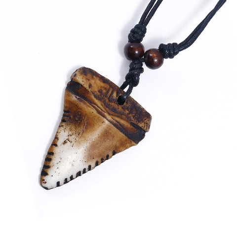 Vintage Tribal Shark Tooth Pendant Necklace For Men Women Handwoven Wax Cord Resin Faux Bone Surfer Punk Jewelry Gift