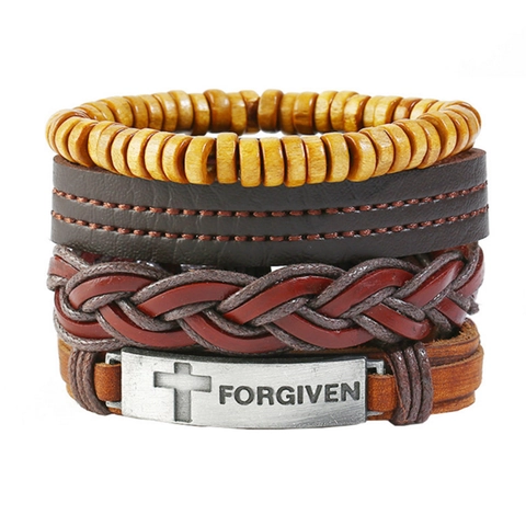 Vintage Heren Meerlaagse Leren Armband Handgeweven Kruis Forgiven Hanger Gevlochten Leer Hennep Touw Houten Kraal Armband Sieraden