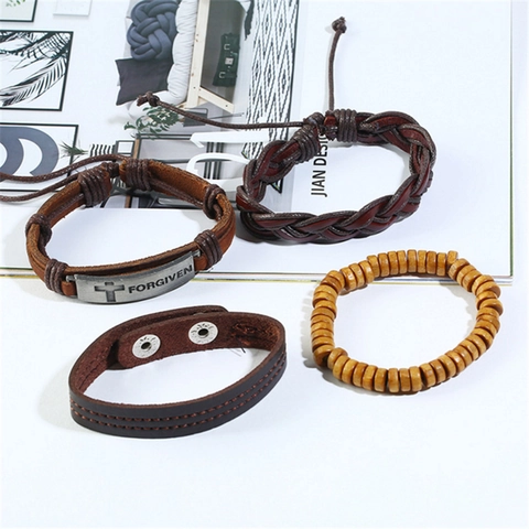 Vintage Heren Meerlaagse Leren Armband Handgeweven Kruis Forgiven Hanger Gevlochten Leer Hennep Touw Houten Kraal Armband Sieraden