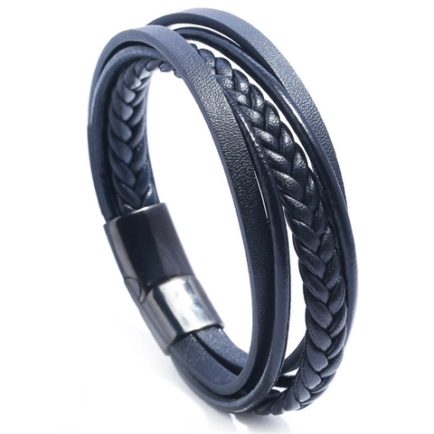 Herren Vintage Mehrschichtiges Geflochtenes Lederarmband Mit Edelstahl Magnetverschluss Rindsleder PU Armreif Schmuck Armband