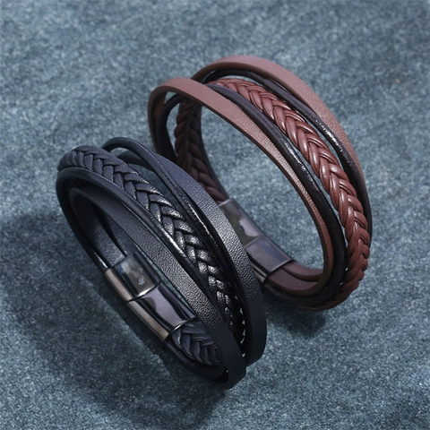 Herren Vintage Mehrschichtiges Geflochtenes Lederarmband Mit Edelstahl Magnetverschluss Rindsleder PU Armreif Schmuck Armband