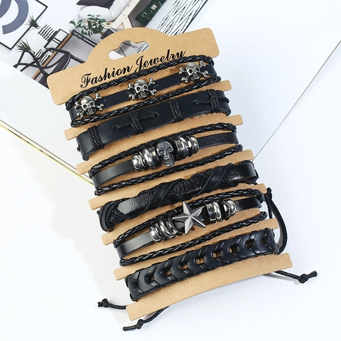 Retro Herren Lederarmband Set Totenkopf Stern Legierung Anhänger Handgewebt Verstellbar Mehrlagig Punk Rock Schmuck Geschenk