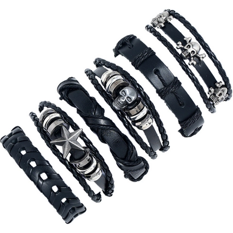 Retro Herren Lederarmband Set Totenkopf Stern Legierung Anhänger Handgewebt Verstellbar Mehrlagig Punk Rock Schmuck Geschenk