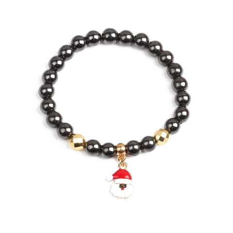 Christmas Hematite Beaded Bracelet For Unisex Santa Claus Reindeer Snowflake Enamel Charm Stretch Bracelet Holiday Festive Jewelry