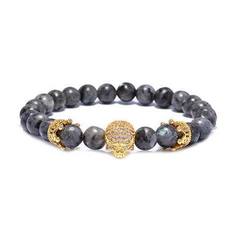 Naturstein Perlenarmband Mit Strass Totenkopf Und Krone Anhänger Europäischer Amerikanischer Punk Gothic Stil Schmuck Für Herren