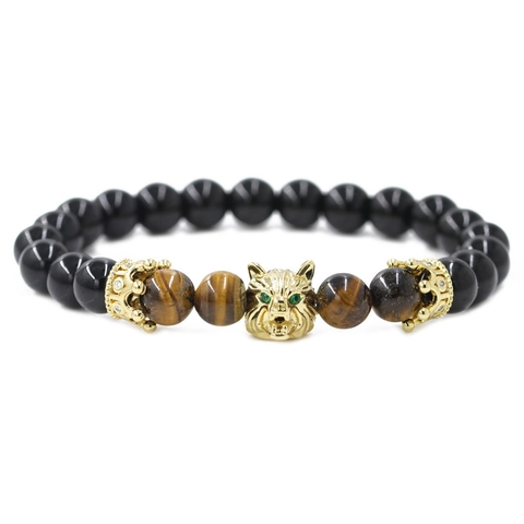 Punk Men Wolf Head Beaded Bracelet Natural Black Agate Tiger Eye Stone Elastic Stretch Bracelet Crown Charm Jewelry Gift