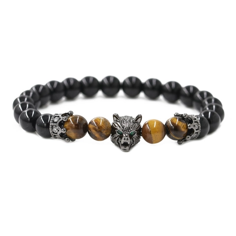 Punk Men Wolf Head Beaded Bracelet Natural Black Agate Tiger Eye Stone Elastic Stretch Bracelet Crown Charm Jewelry Gift