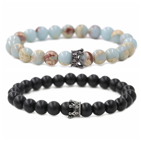 Set Bracciali in Pietra Naturale Corona in Rame Zirconia Micro Intarsiata Bracciale Elastico con Ciondolo per Donna Uomo Gioielli