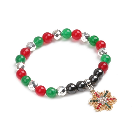 Bracelet en Hématite et Agate de Noël Bracelet Élastique avec Charmes de Noël Père Noël Bonhomme de Neige Bijoux de Fête