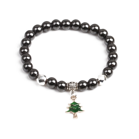 Christmas Hematite Beaded Bracelet For Unisex Santa Claus Reindeer Snowflake Enamel Charm Stretch Bracelet Holiday Festive Jewelry