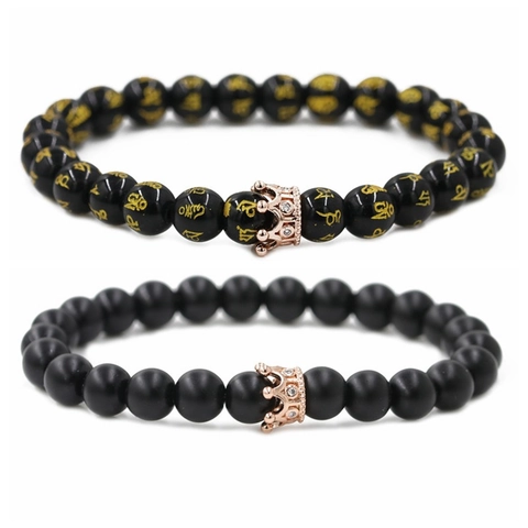 Moda Pulsera de Cuentas de Ágata Con Corona para Hombre Piedra Mantra Cobre Circonia Incrustado Charm Retro Joyería Elástica Regalos