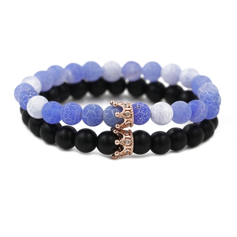 Natürlicher Lavastein Verwitterter Stein Perlenarmband Legierung Krone Zirkonia Anhänger Mode Schmuck Paar Freundschaft Armbänder