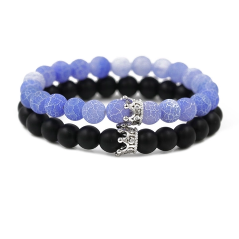 Natürlicher Lavastein Verwitterter Stein Perlenarmband Legierung Krone Zirkonia Anhänger Mode Schmuck Paar Freundschaft Armbänder