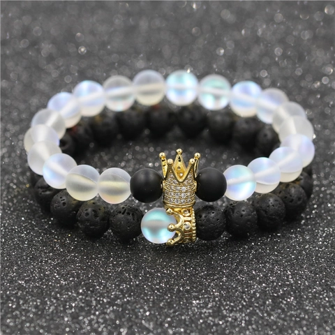 Set di Bracciali di Perline in Pietra Naturale Con Ciondolo a Corona Pietra Lavica Pietra di Luna Sintetica Regalo per Coppie Unisex