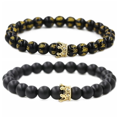 Moda Pulsera de Cuentas de Ágata Con Corona para Hombre Piedra Mantra Cobre Circonia Incrustado Charm Retro Joyería Elástica Regalos