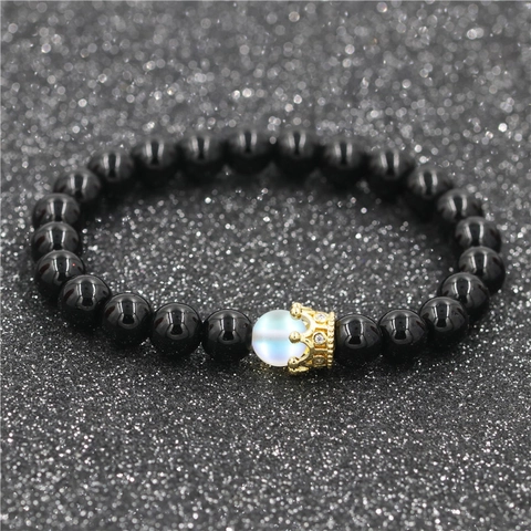 Natürliches Mondstein Lavastein Perlenarmband Für Paare Kupfer Krone Charme Mikro Zirkonia Elastischer Schmuck Mode Geschenk