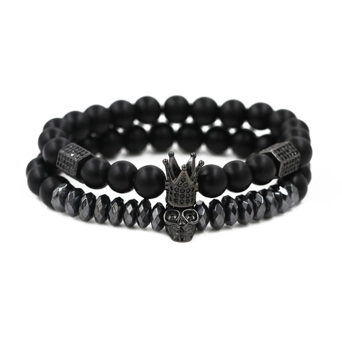 Punk Gothic Natural Stone Beaded Bracelet Set Gold Crown Skull Copper Zirconia Elastic Bracelet For Men Women Couple Jewelry