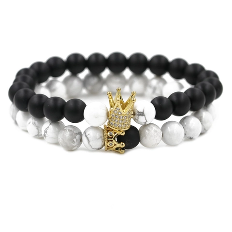 Set di Braccialetti di Perline in Pietra Naturale di Moda per Coppie Corona Placcata in Oro Rame Micro Intarsiata Zirconia Lava Turchese Bianco Gioielli