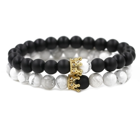Naturstein Krone Perlen Armband Für Paare Kupfer Mikro Eingelegt Zirkonia Schmuck Elastisches Armband Mode Charme Geschenk