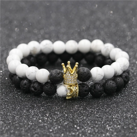 Natural Volcanic Stone White Turquoise Crown Beaded Bracelet Set For Couples Unisex Copper Zirconia Inlaid Fashion Jewelry Gift