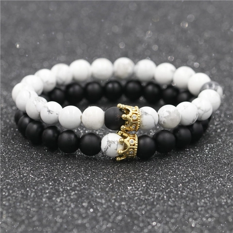 Naturstein Krone Perlen Armband Für Paare Kupfer Mikro Eingelegt Zirkonia Schmuck Elastisches Armband Mode Charme Geschenk