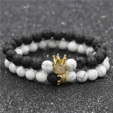Set di Braccialetti di Perline in Pietra Naturale di Moda per Coppie Corona Placcata in Oro Rame Micro Intarsiata Zirconia Lava Turchese Bianco Gioielli