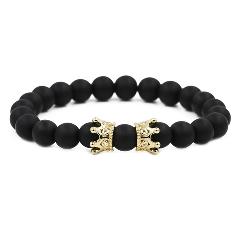 Set Pulseras Cuentas Hombre Ágata Negra Mate Piedra Cobre Micro Zirconia Corona Lujo Moda Casual Joyería para Regalo