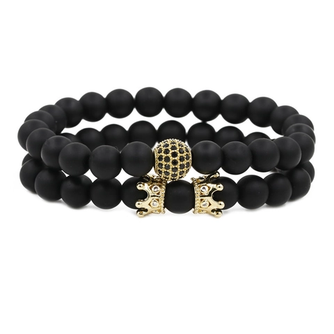 Set Pulseras Cuentas Hombre Ágata Negra Mate Piedra Cobre Micro Zirconia Corona Lujo Moda Casual Joyería para Regalo