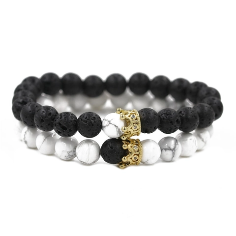 Natural Volcanic Stone White Turquoise Crown Beaded Bracelet Set For Couples Unisex Copper Zirconia Inlaid Fashion Jewelry Gift