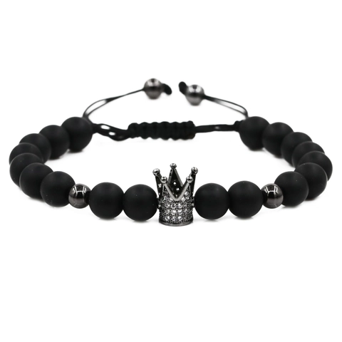 Pulsera de Cuentas para Hombre con Corona de Circonia Microengastada Piedra Negra Mate Cobre Pulsera Trenzada Ajustable
