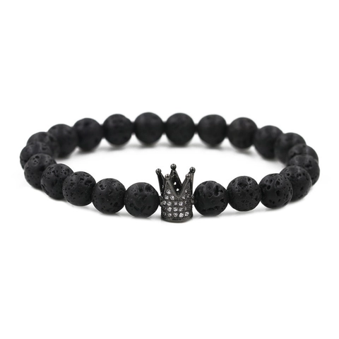Bracelet en Perles de Pierre de Lave Noire 8mm Avec Couronne en Zirconium Micro Pave Pour Hommes Femmes Bijoux Punk en Cuivre