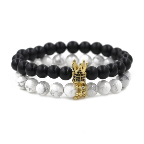 Pulsera de Corona de Cuentas de Piedra Natural para Hombres Mujeres Cobre Micro Incrustado Circonia Pulseras de Pareja Joyería de Moda Regalo