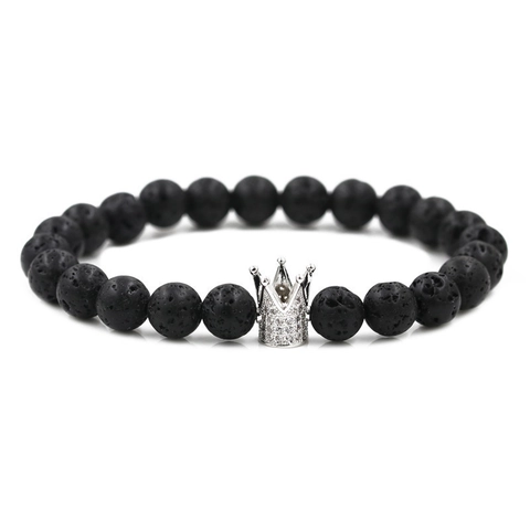 Bracelet en Perles de Pierre de Lave Noire 8mm Avec Couronne en Zirconium Micro Pave Pour Hommes Femmes Bijoux Punk en Cuivre