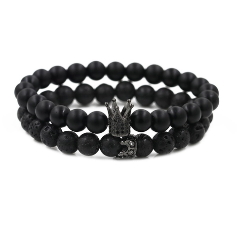 Lujoso Set de Pulseras de Cuentas para Pareja Corona Piedra Natural Lava Cobre Micro Pavé Strass Pulseras Elásticas