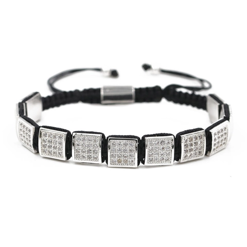 Lussuoso Bracciale Intrecciato in Rame con Strass Intarsiati Quadrati per Uomo Donna Regolabile Gioielli Hip Hop Tonalità Oro Catena a Mano Geometrica