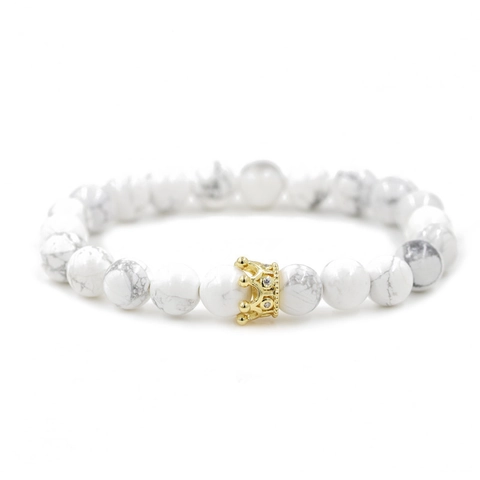 Pave Zirconia Crown Charm Beaded Bracelet For Men Women Natural Howlite Stone White Turquoise Elastic Strand Bracelet Jewelry Gift