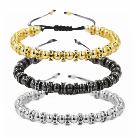 Luxus Kupfer Perlen Armband Für Herren Damen Mit Schwarzen Zirkonia Mikro-Eingelegten Abstandsperlen Verstellbares Gewebtes Seil Modeschmuck
