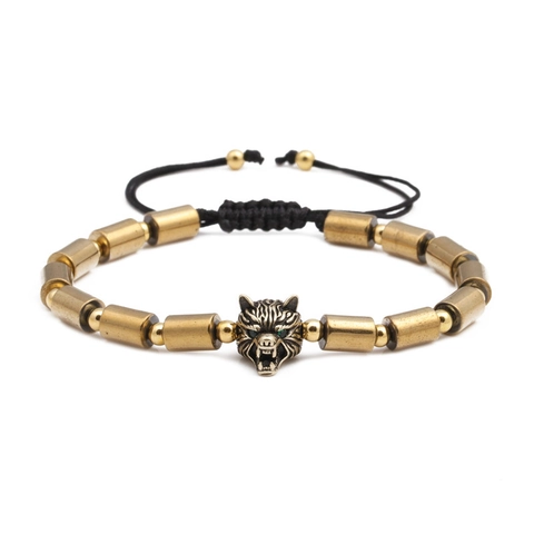 Punk Vintage Bracciale Regolabile con Perline Testa di Lupo Teschio Rame Ematite Cordino Intrecciato Corda a Mano per Unisex Gioielli Festa