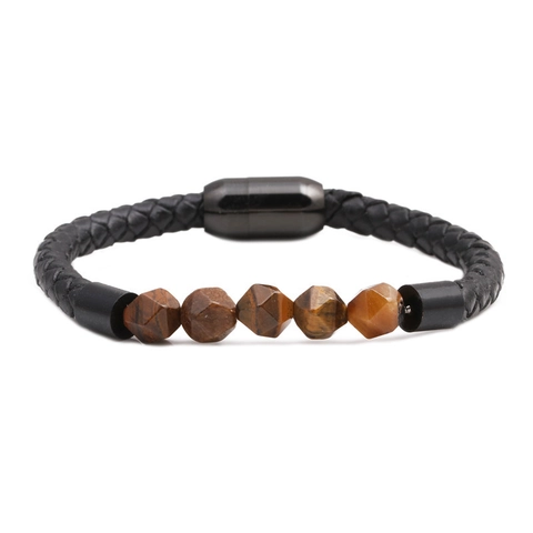 Bracelet en Cuir Tressé pour Homme Femme Avec Perles en Pierre Naturelle Fermoir Magnétique en Acier Inoxydable Bijoux Punk