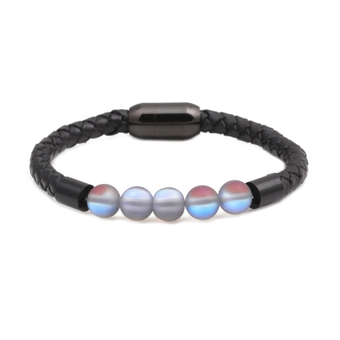 Bracelet Perles de Pierre de Lune Fermoir Magnétique en Acier Inoxydable Cuir Véritable Tressé pour Hommes Femmes Bijoux